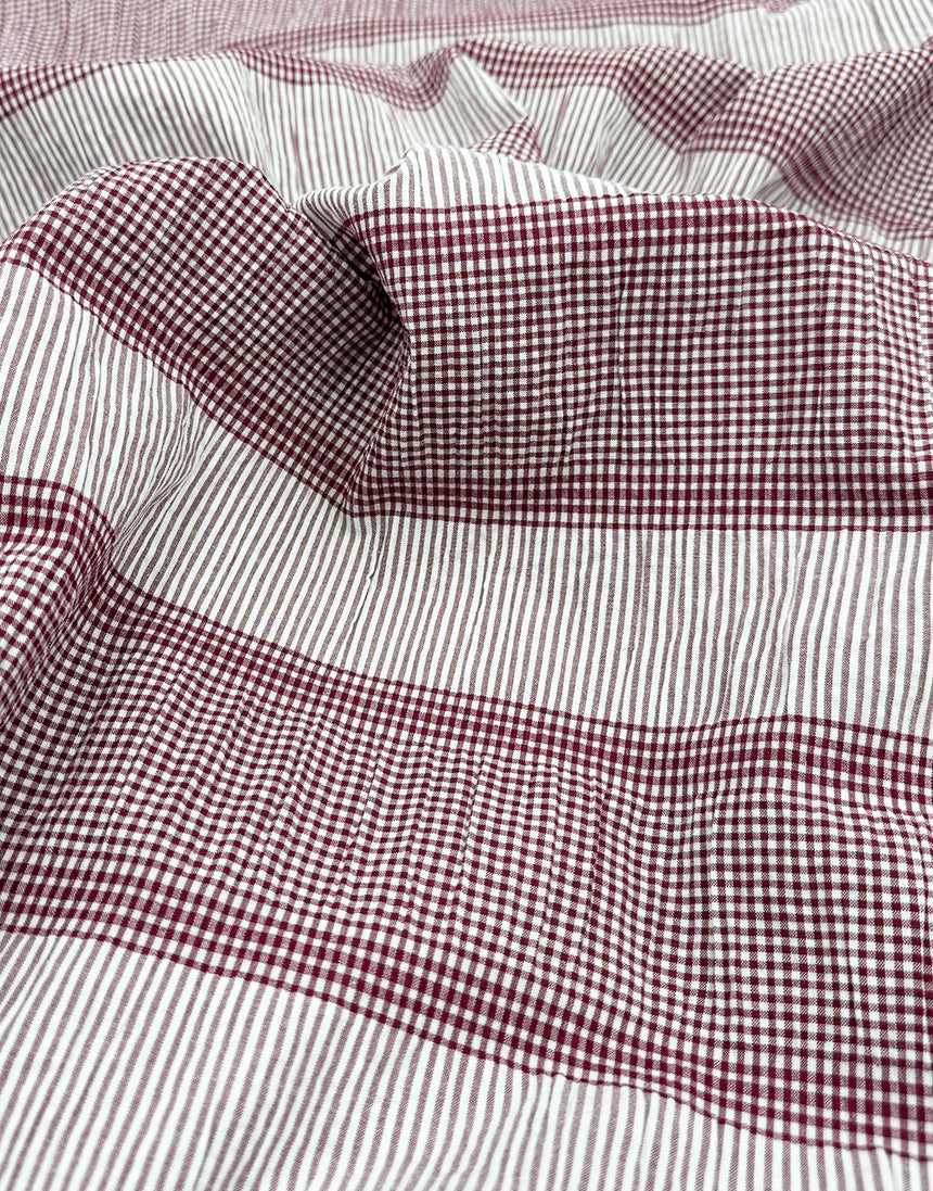 Burgundy Gingham & Stripe Yarn-Dyed Cotton Seersucker Fabric