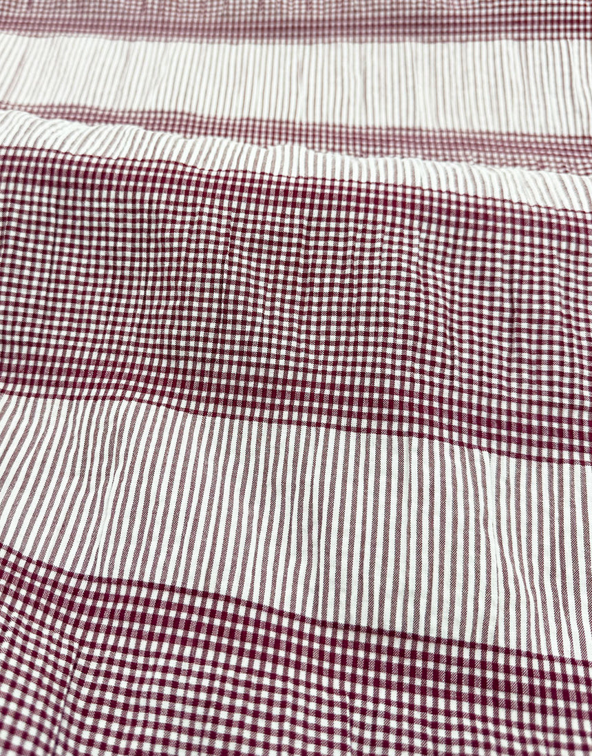 Burgundy Gingham & Stripe Yarn-Dyed Cotton Seersucker Fabric
