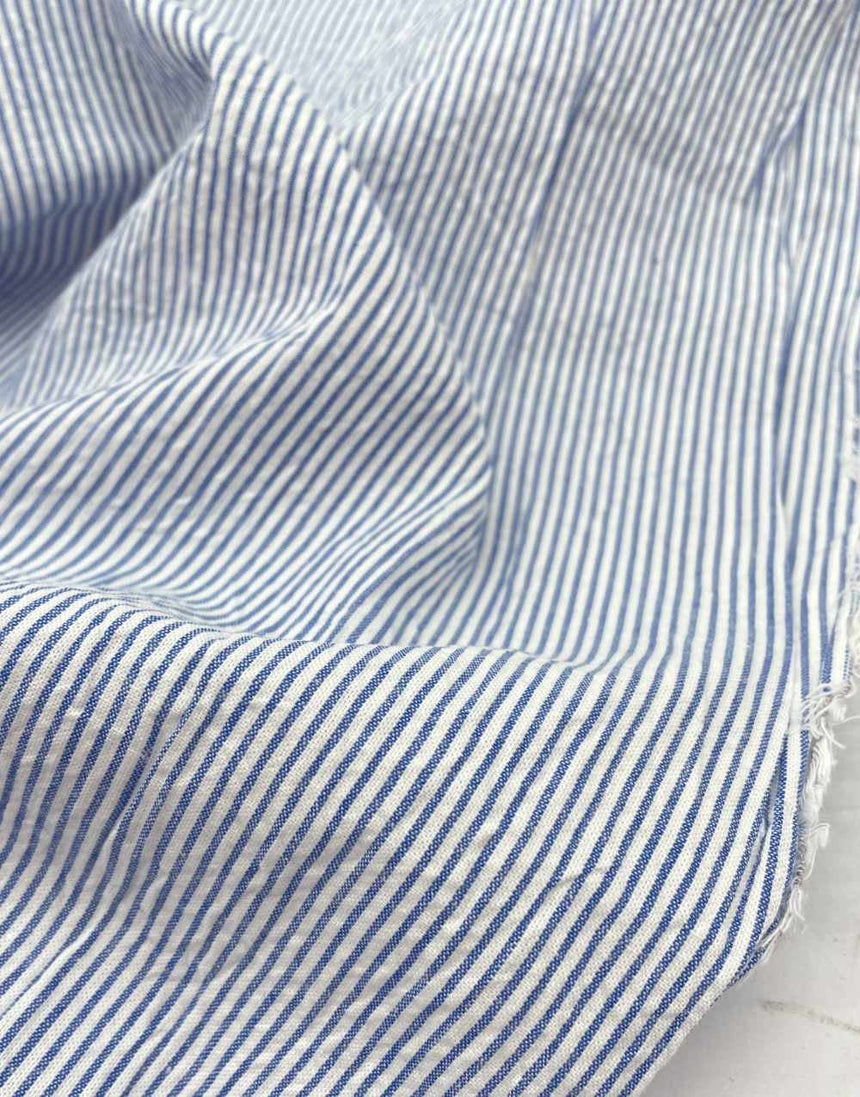 Remnant 50cm - Light Blue Striped Cotton Seersucker Fabric