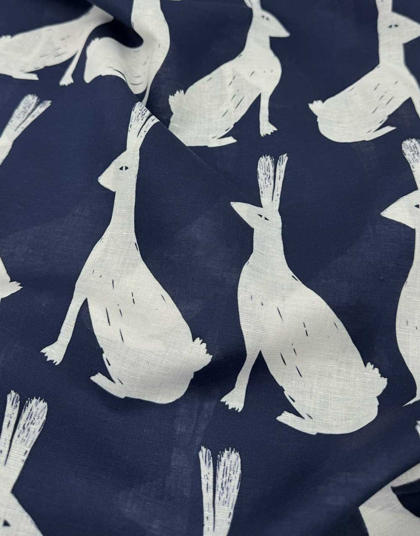 Navy Hare Cotton Linen Fabric, Doops Designs
