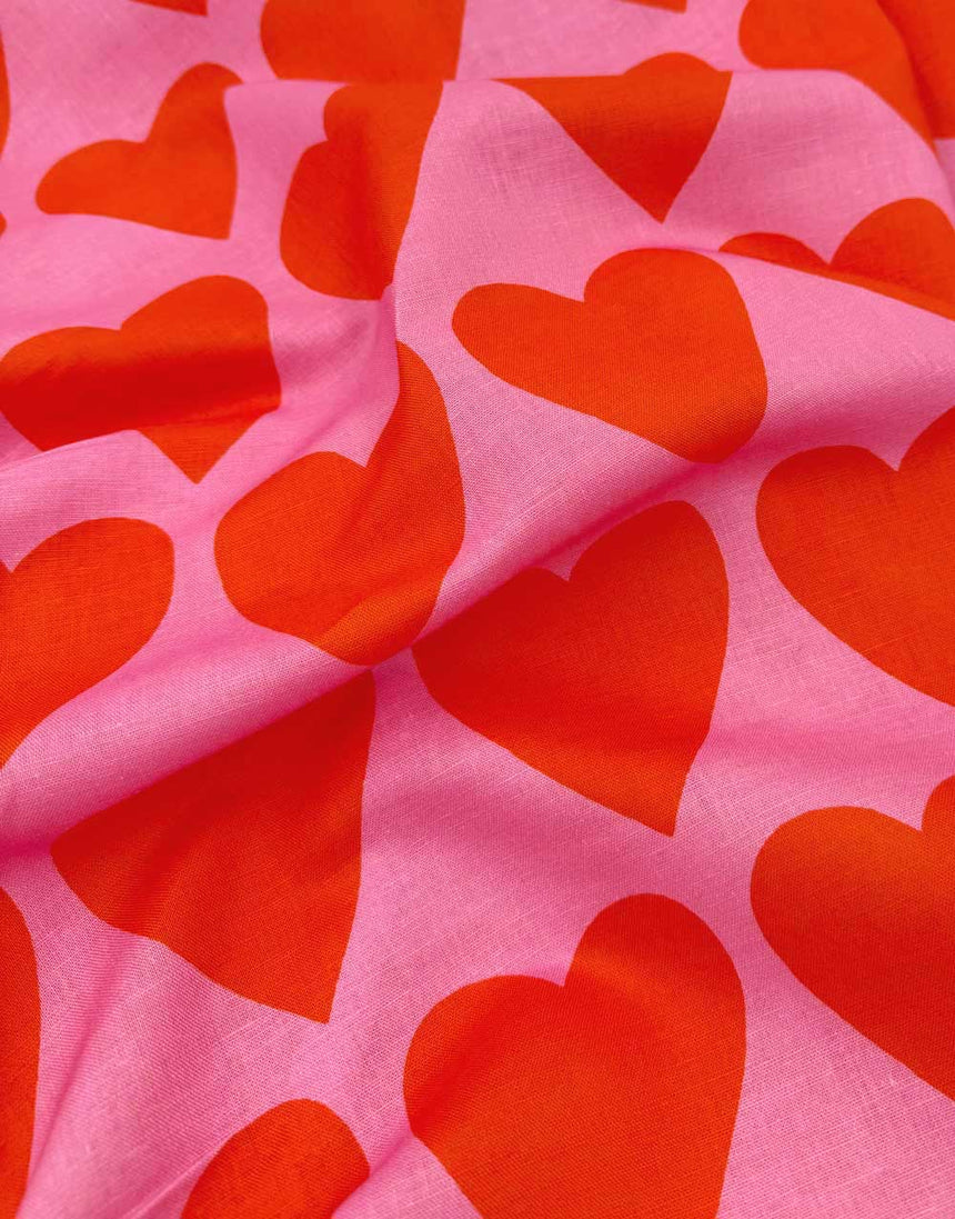 Pink & Red Big Hearts Cotton Linen Fabric, Doops Designs