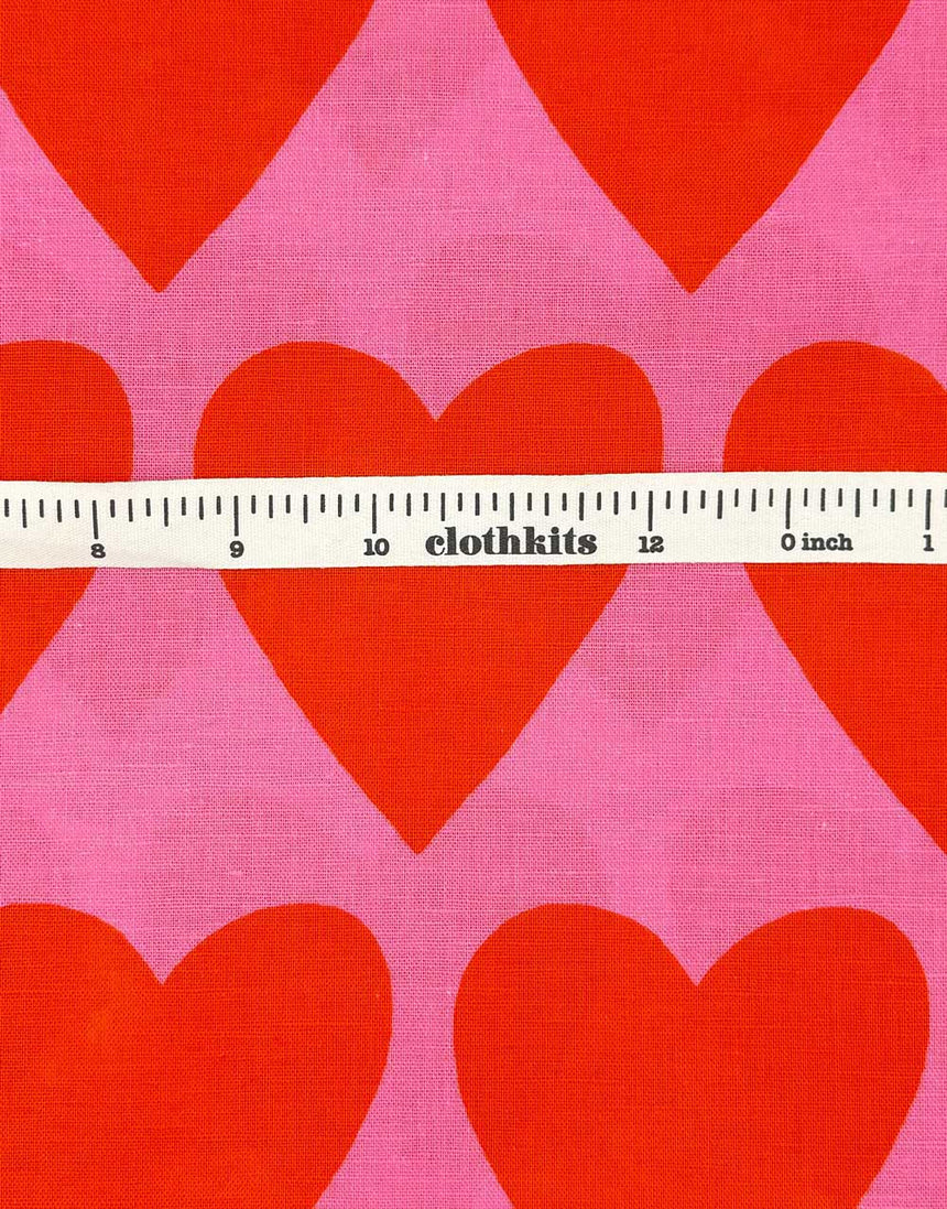 Pink & Red Big Hearts Cotton Linen Fabric, Doops Designs