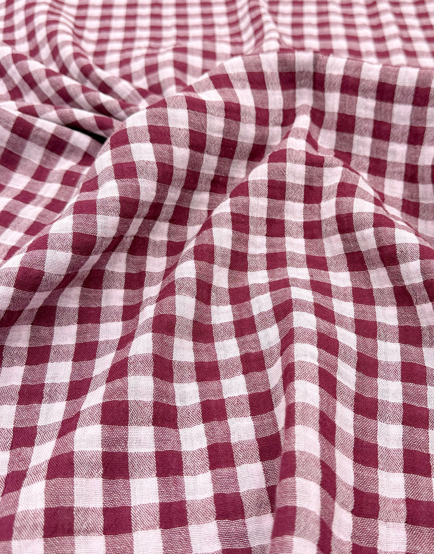 Burgundy & Pink Checked Gingham Double Gauze Fabric