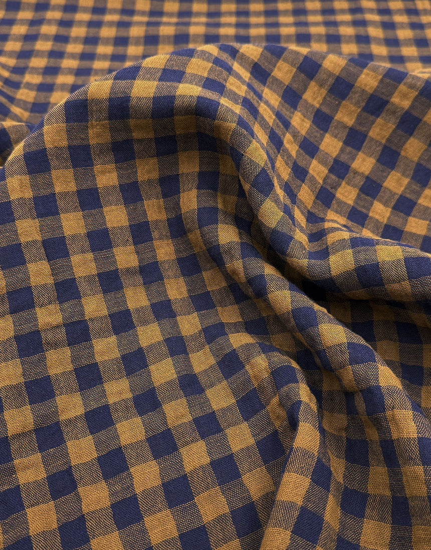 Cognac & Navy Checked Gingham Double Gauze Fabric