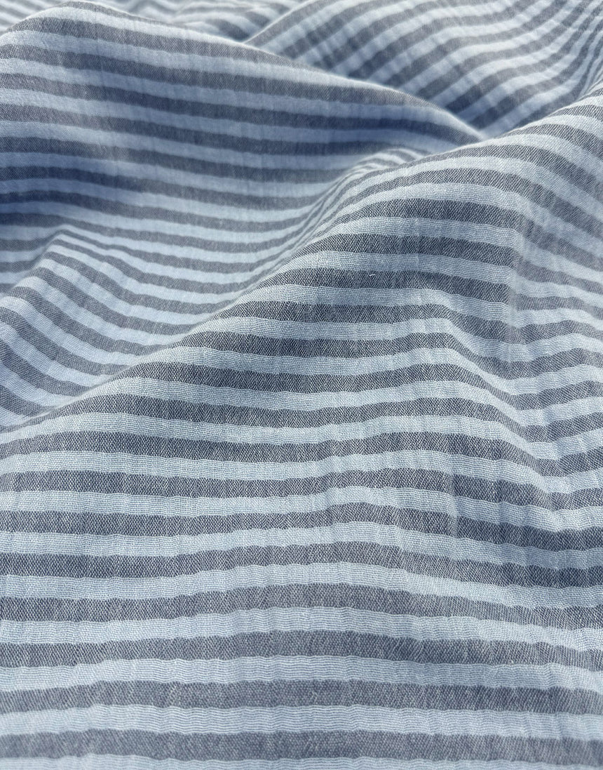 Blue Stripe & Floral Border Embroidered Double Gauze Fabric