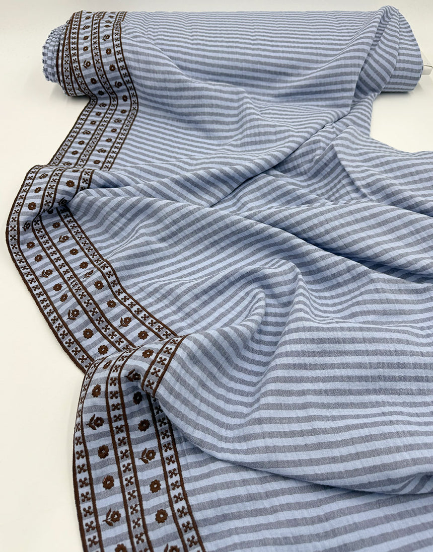 Blue Stripe & Floral Border Embroidered Double Gauze Fabric