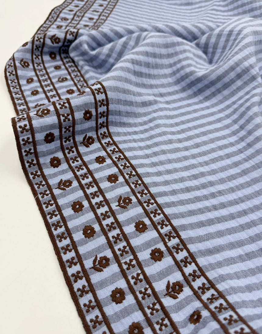 Blue Stripe & Floral Border Embroidered Double Gauze Fabric