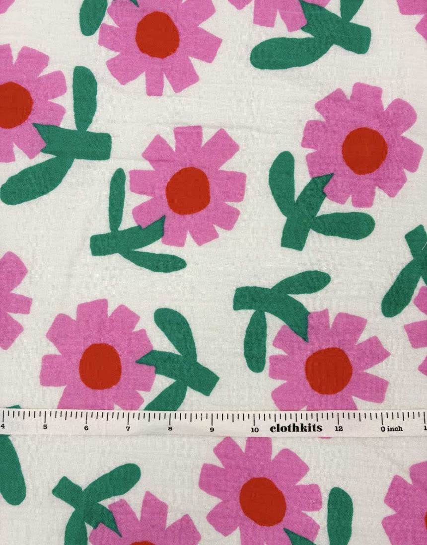 Pink Flower Pop Organic Cotton Double Gauze Fabric, Jennifer Bouron