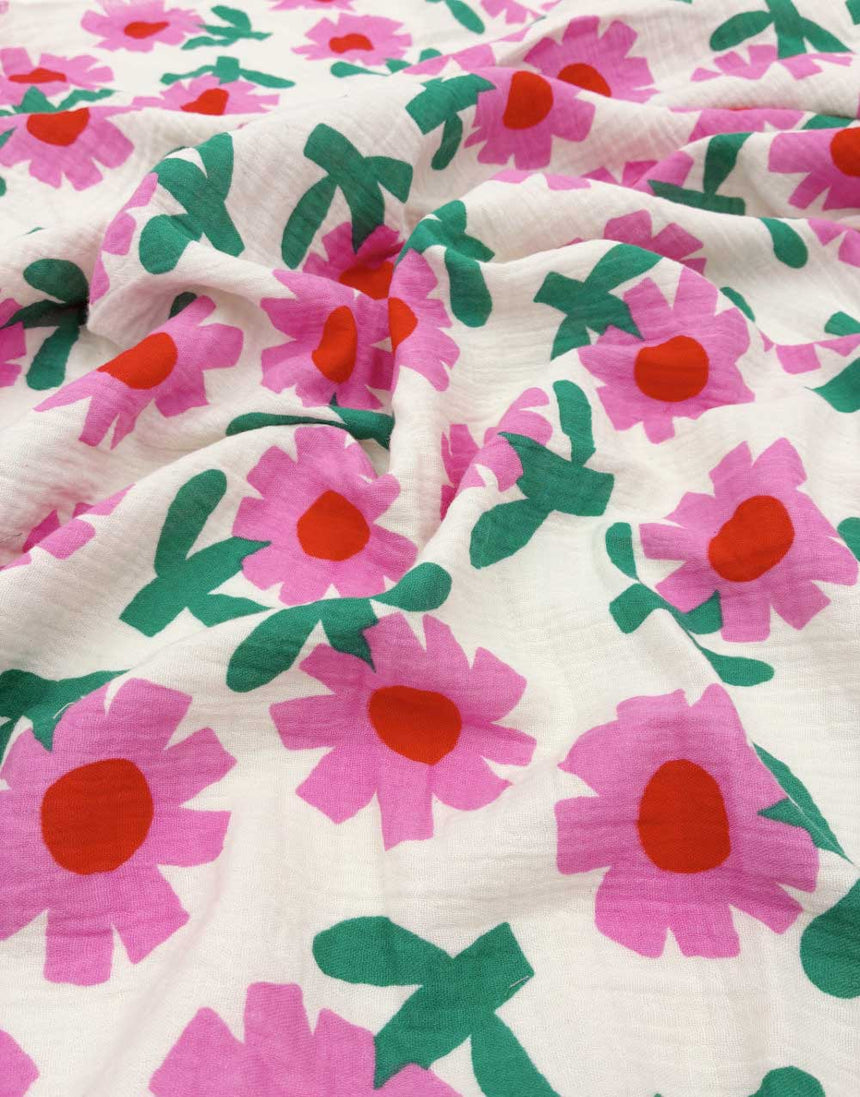 Pink Flower Pop Organic Cotton Double Gauze Fabric, Jennifer Bouron