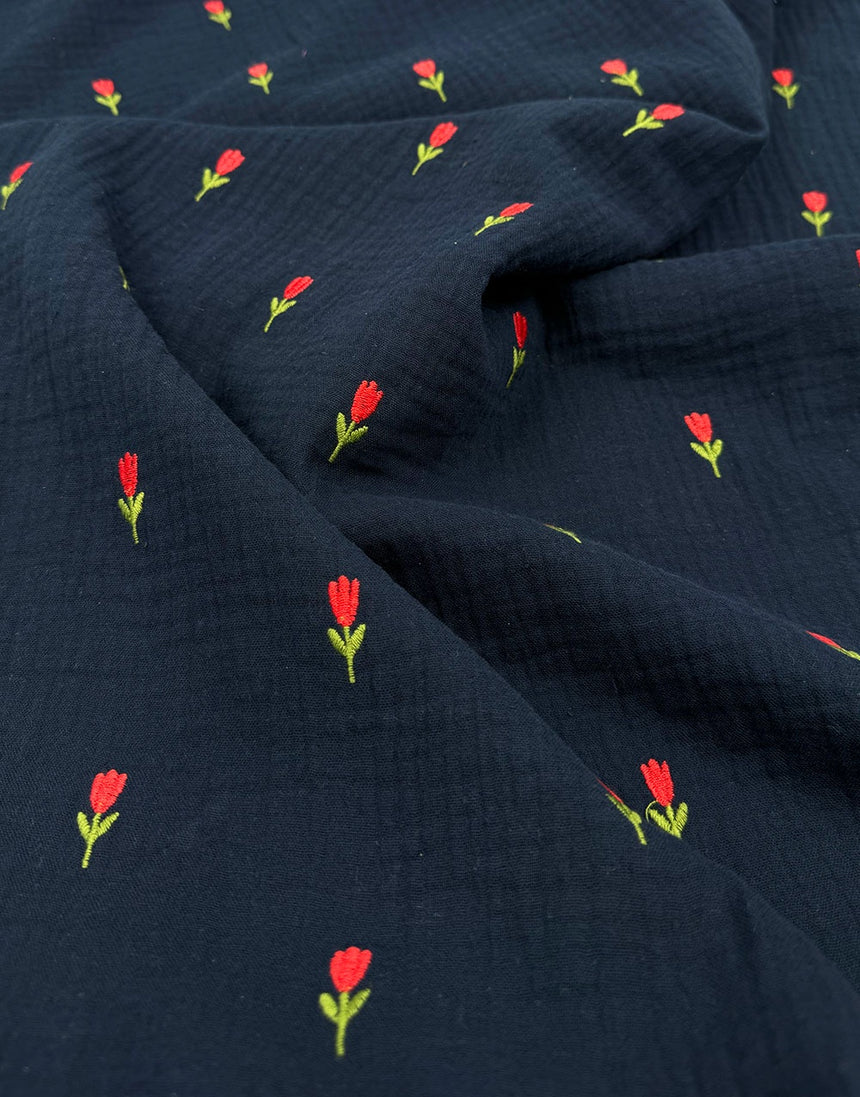 Tulip Navy Embroidered Cotton Double Gauze Fabric
