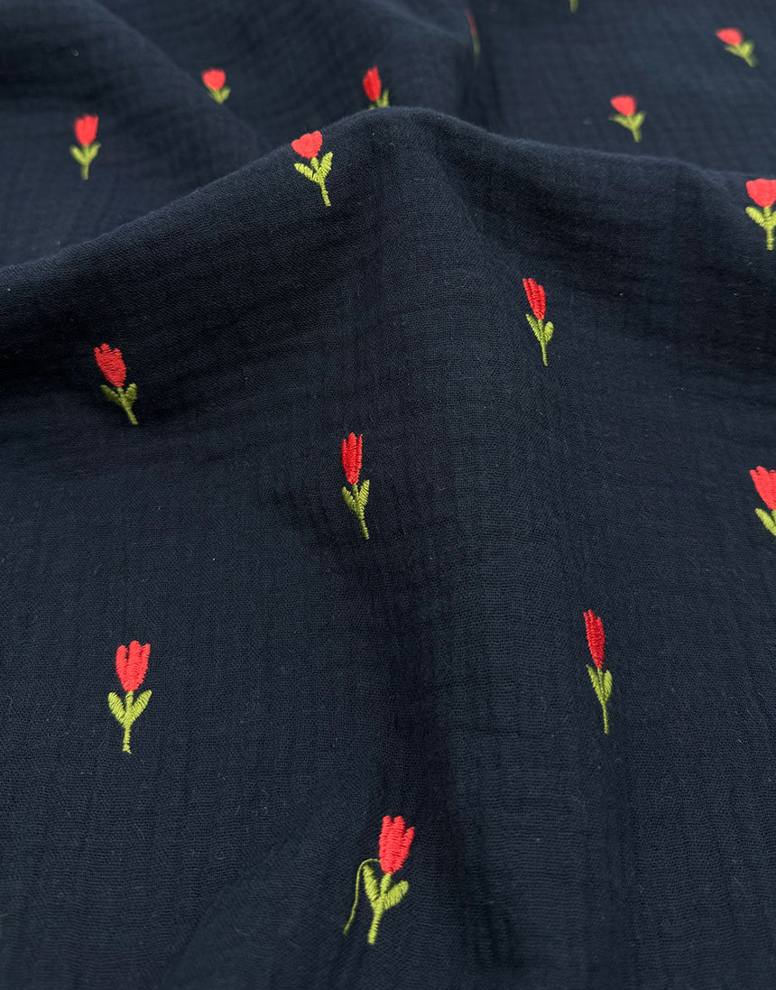 Tulip Navy Embroidered Cotton Double Gauze Fabric