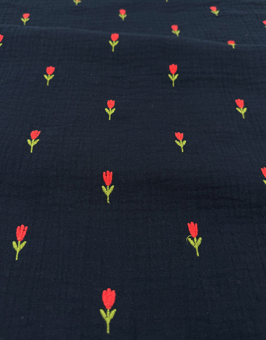 Tulip Navy Embroidered Cotton Double Gauze Fabric