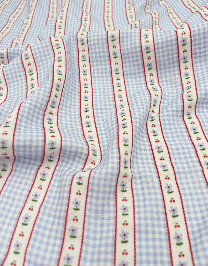 Remnant 1m - Baby Blue Cherry Blossom Stripe Double Gauze Fabric