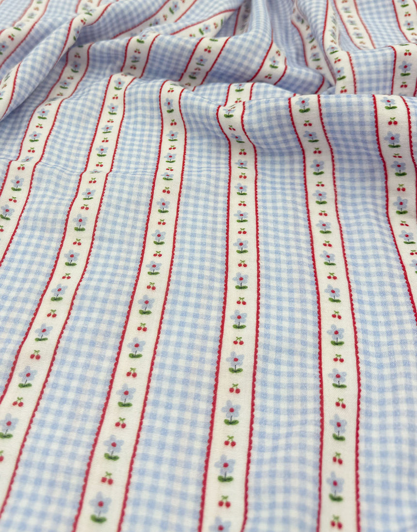 Remnant 1m - Baby Blue Cherry Blossom Stripe Double Gauze Fabric