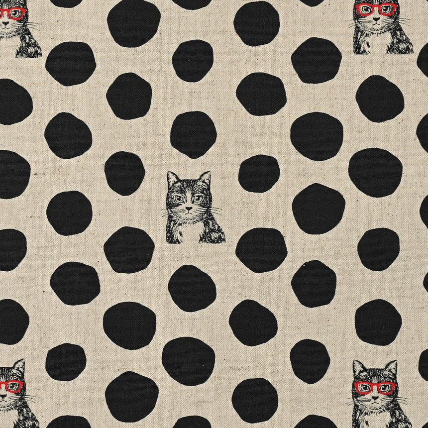 Black & Natural NekoNoe Cat Dot Japanese Cotton Linen Fabric, Echino