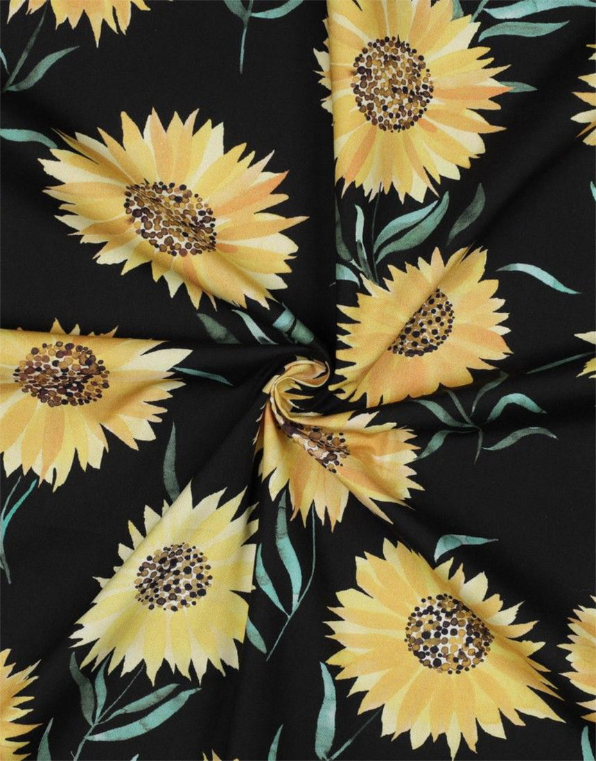 Black Sunflower Fine Cotton Poplin Fabric