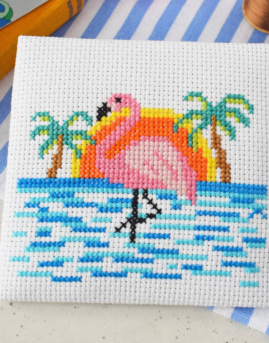 Flamingo Beach Mini Cross Stitch Kit, The Make Arcade