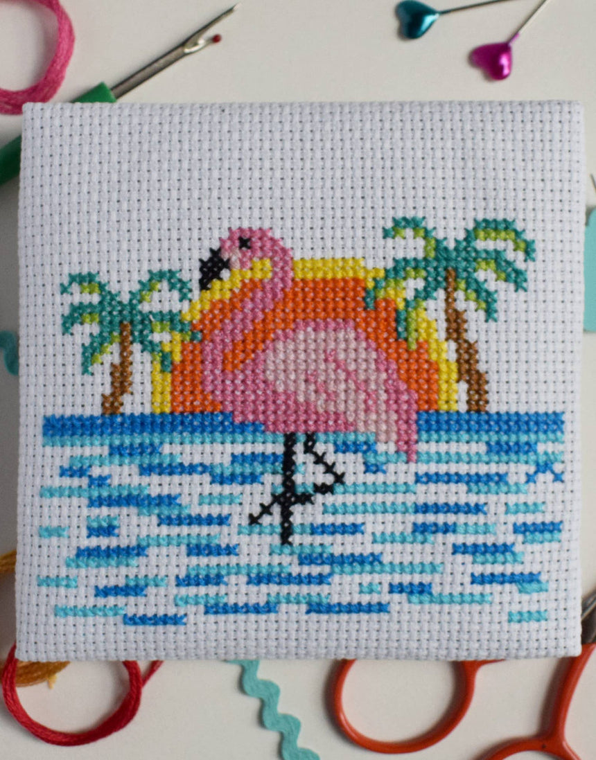 Flamingo Beach Mini Cross Stitch Kit, The Make Arcade