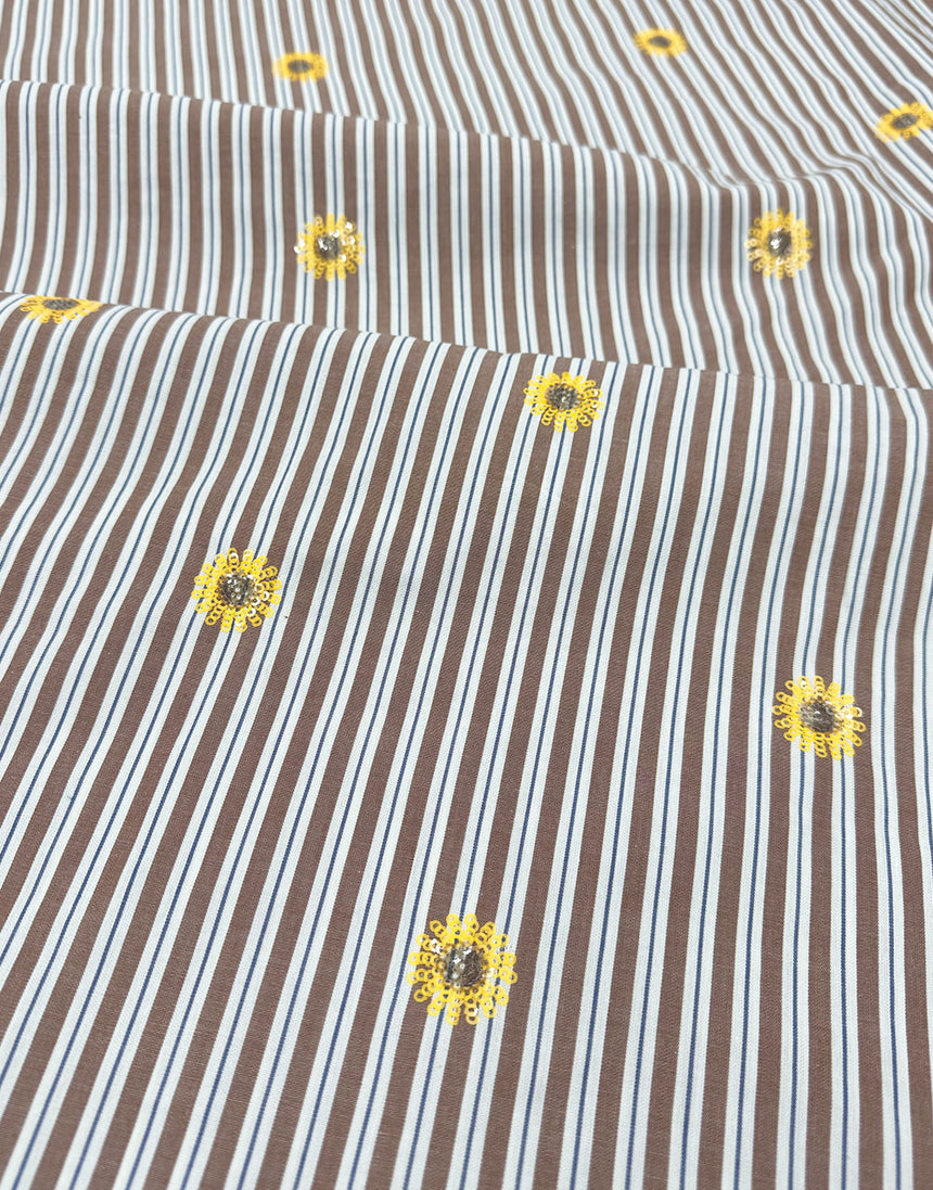 Golden Daisy Stripe Sequin Embellished Cotton Fabric