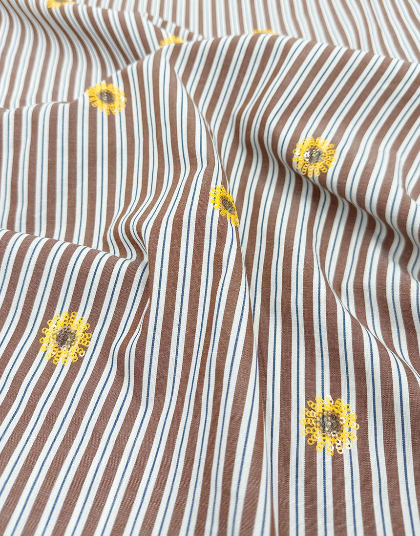 Golden Daisy Stripe Sequin Embellished Cotton Fabric