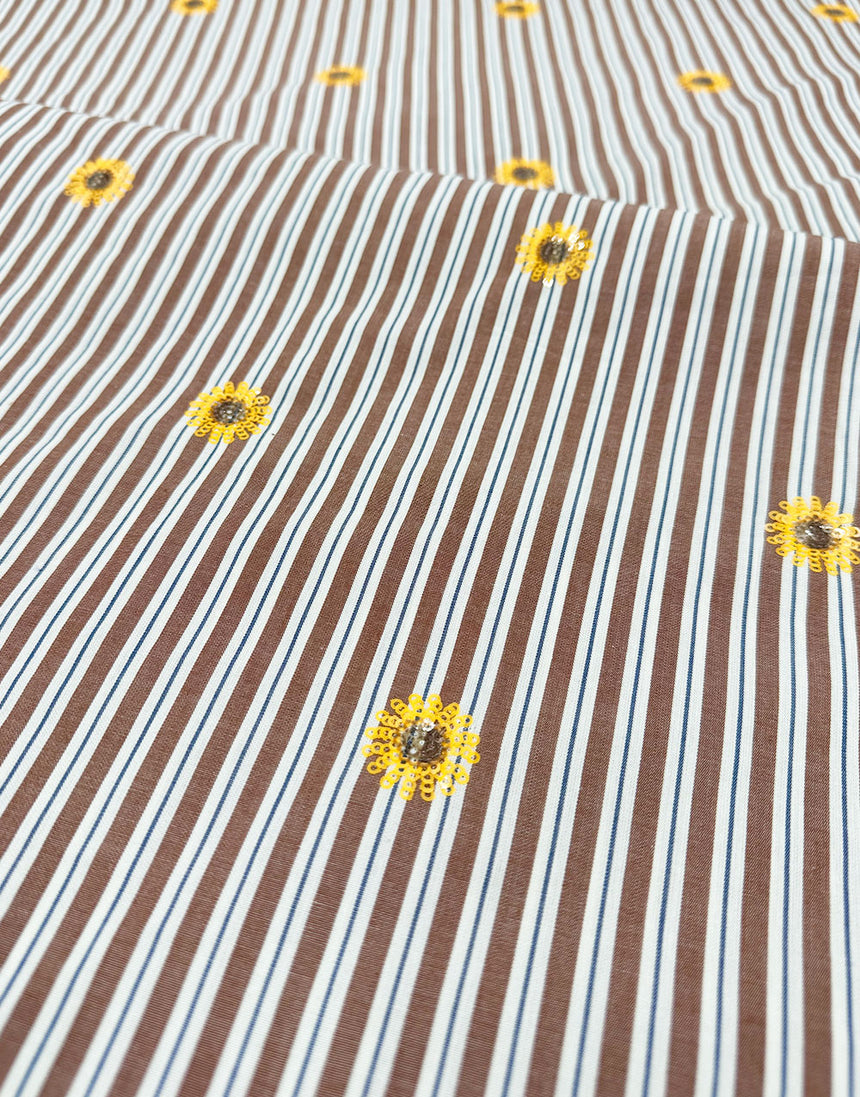 Golden Daisy Stripe Sequin Embellished Cotton Fabric