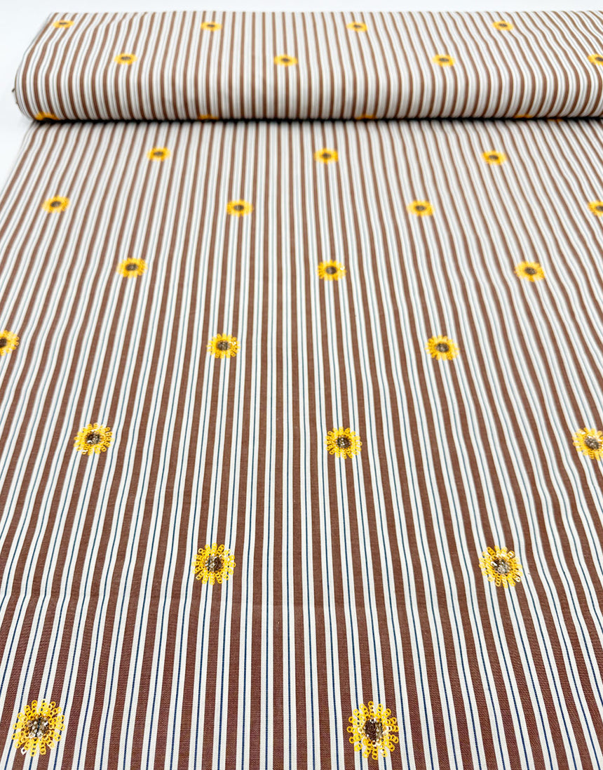 Golden Daisy Stripe Sequin Embellished Cotton Fabric