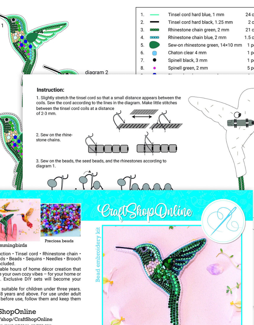 Hummingbird Beaded Embroidery Brooch Kit, Set of 3