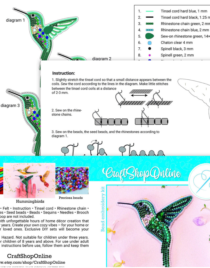 Turquoise Hummingbird Beaded Embroidery Brooch/Hanging Decoration Kit