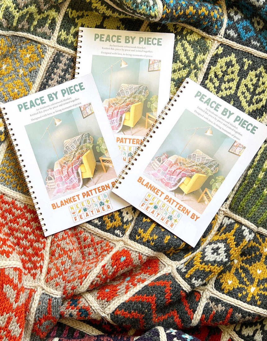 Peace By Piece Blanket knitting pattern, Needle & Feather