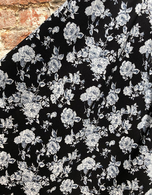 Remnant 1m - Monochrome Rose Printed Cotton Fabric