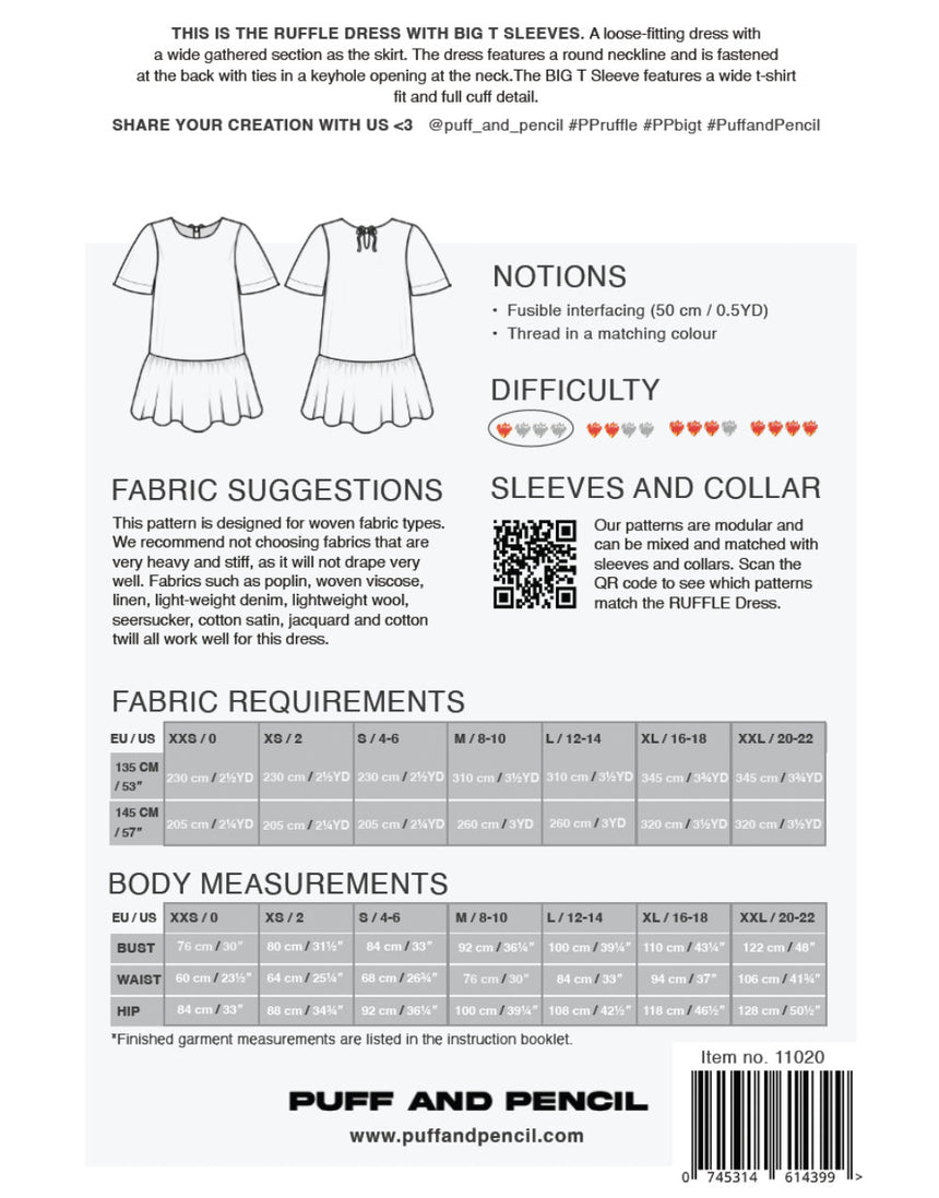 Ruffle Dress x Big T Sleeve Sewing Pattern, Puff & Pencil