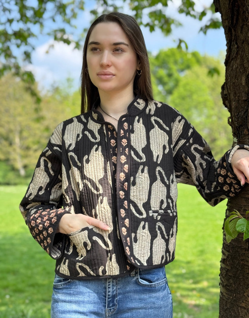 Reversible Quilted Cotton Padded Jacket, Big Cat & Mughal Motif