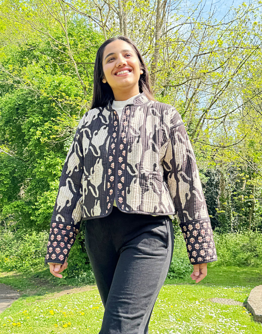 Reversible Quilted Cotton Padded Jacket, Big Cat & Mughal Motif