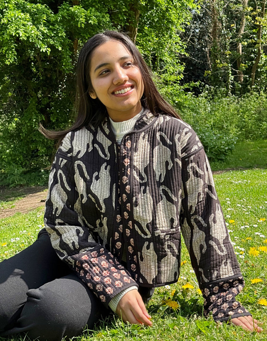 Reversible Quilted Cotton Padded Jacket, Big Cat & Mughal Motif