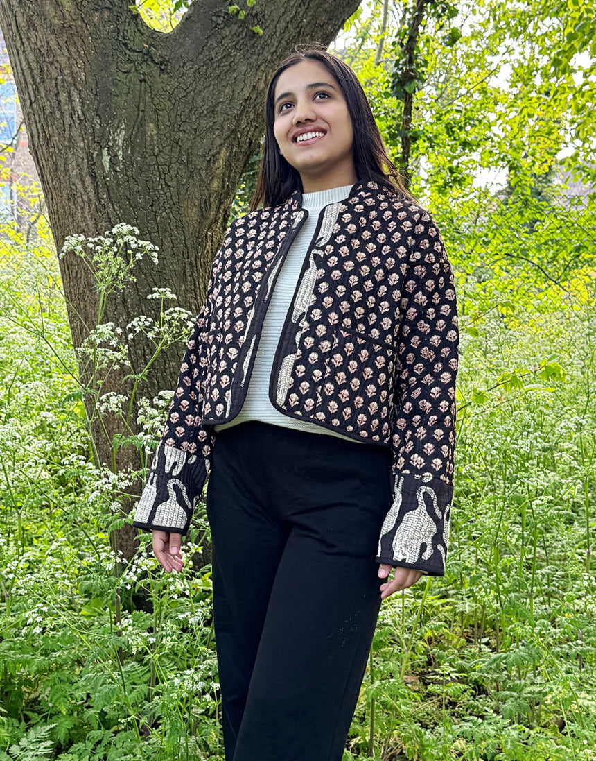 Reversible Quilted Cotton Padded Jacket, Big Cat & Mughal Motif