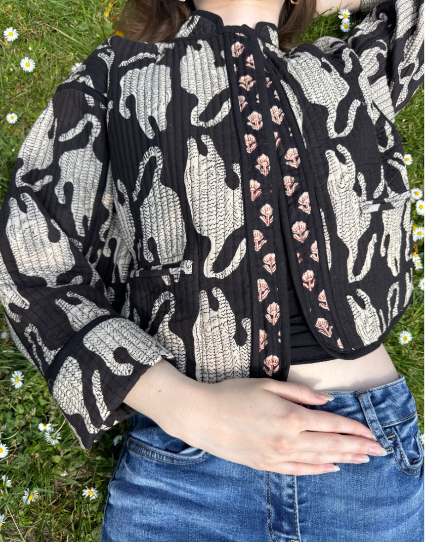 Reversible Quilted Cotton Padded Jacket, Big Cat & Mughal Motif