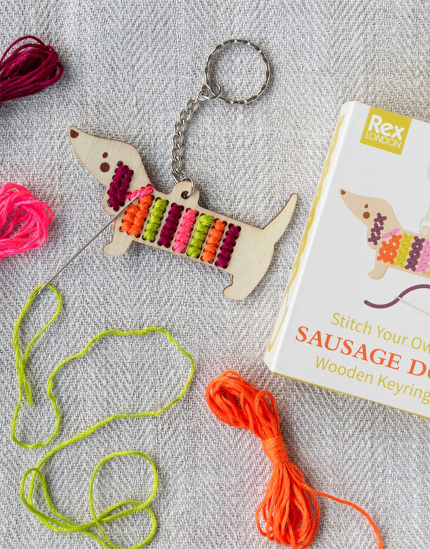 Stitch Your Own Wooden Keyring, Sausage Dog
