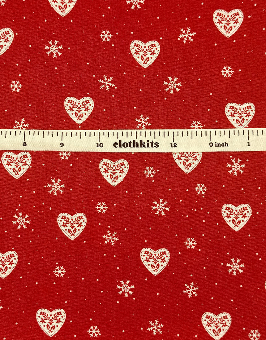 Red Hearts & Snowflakes Scandinavian Christmas Cotton Fabric