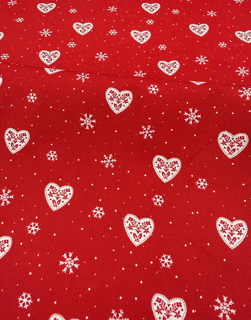 Red Hearts & Snowflakes Scandinavian Christmas Cotton Fabric