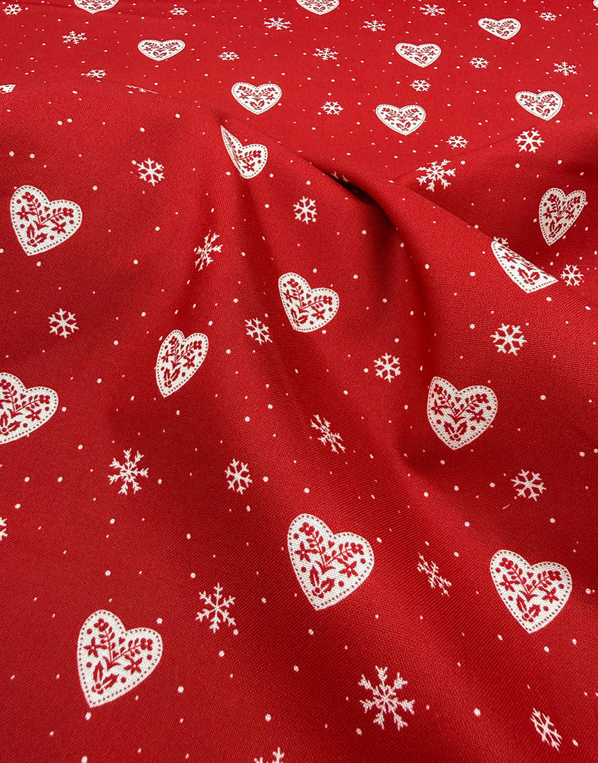 Red Hearts & Snowflakes Scandinavian Christmas Cotton Fabric