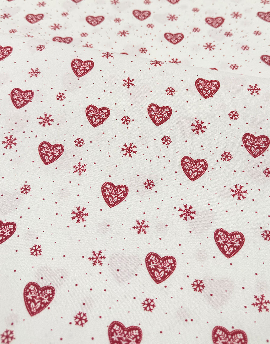 White Hearts & Snowflakes Scandinavian Christmas Cotton Fabric