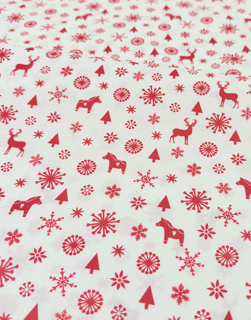 White Reindeer & Trees Scandinavian Christmas Cotton Fabric
