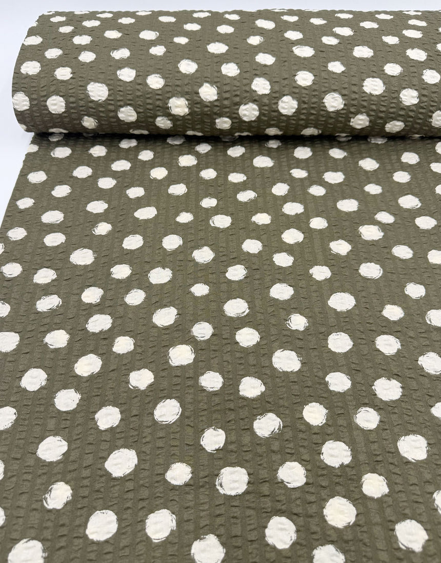 Sevenberry Japanese Ripple Seersucker Cotton Fabric - Khaki Spotty