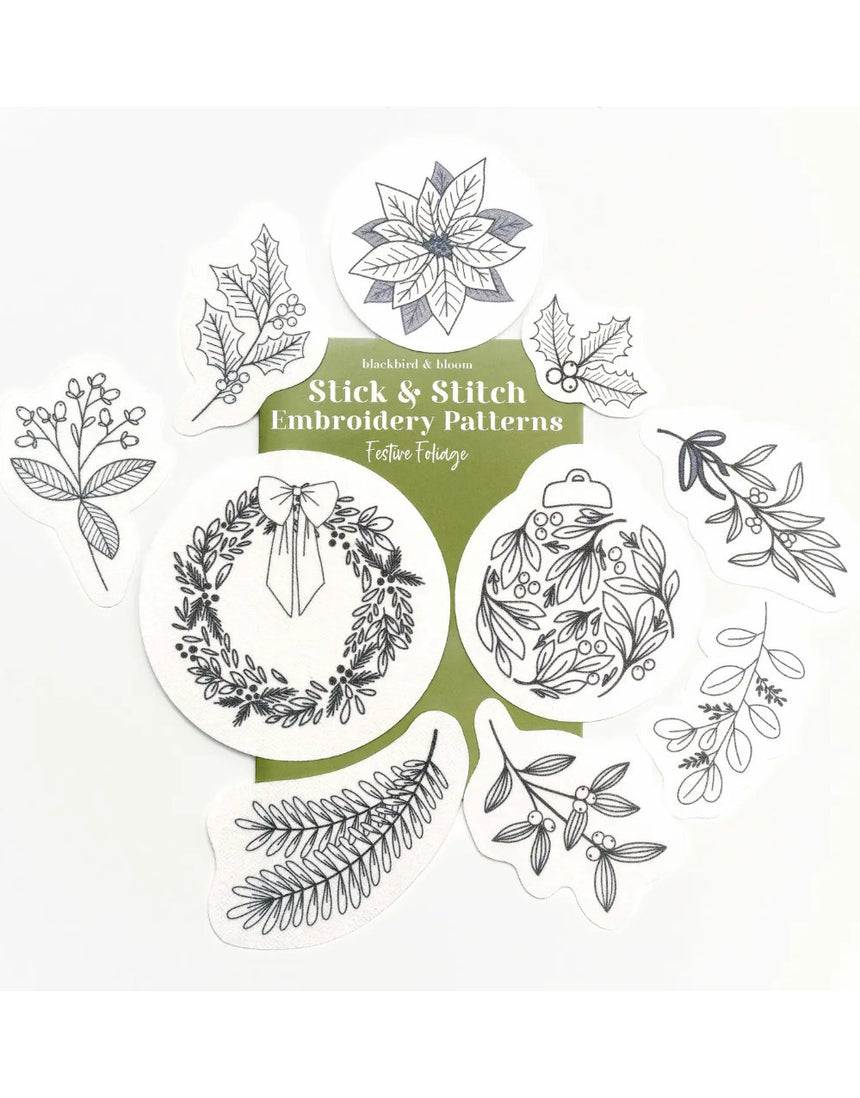 Festive Foliage Stick & Stitch Embroidery Patterns, Blackbird & Bloom