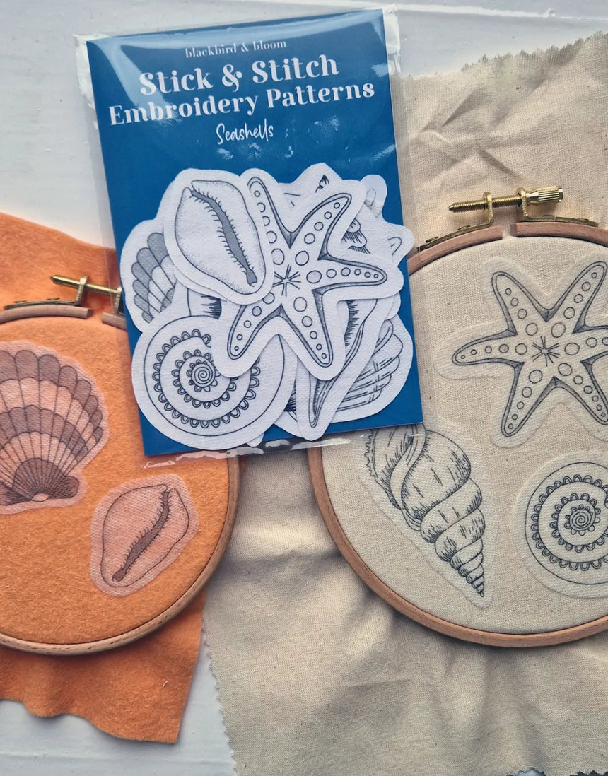 Seashells Stick & Stitch Embroidery Patterns, Blackbird & Bloom