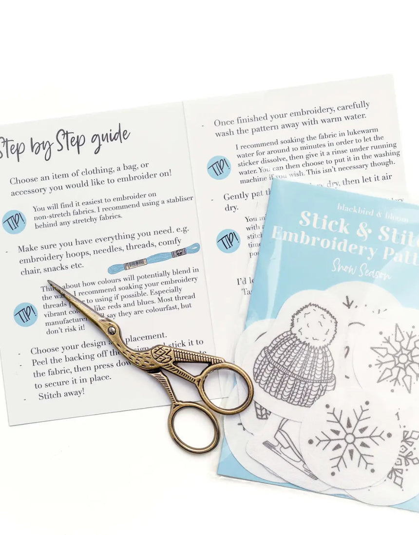 Snow Season Stick & Stitch Embroidery Patterns, Blackbird & Bloom