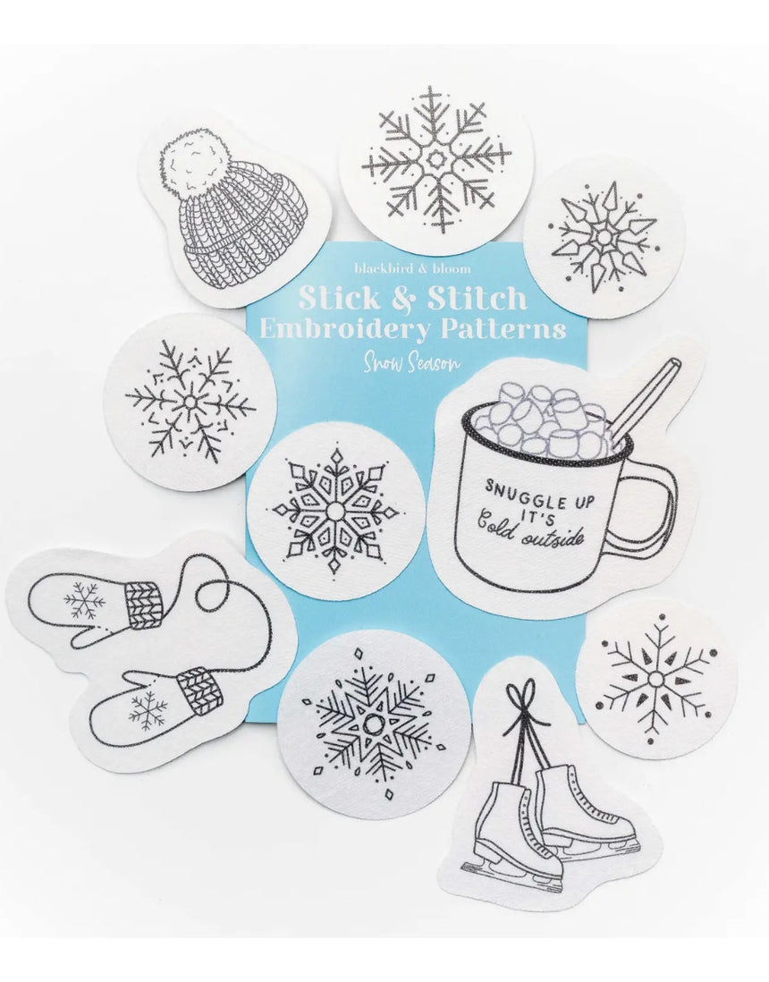 Snow Season Stick & Stitch Embroidery Patterns, Blackbird & Bloom