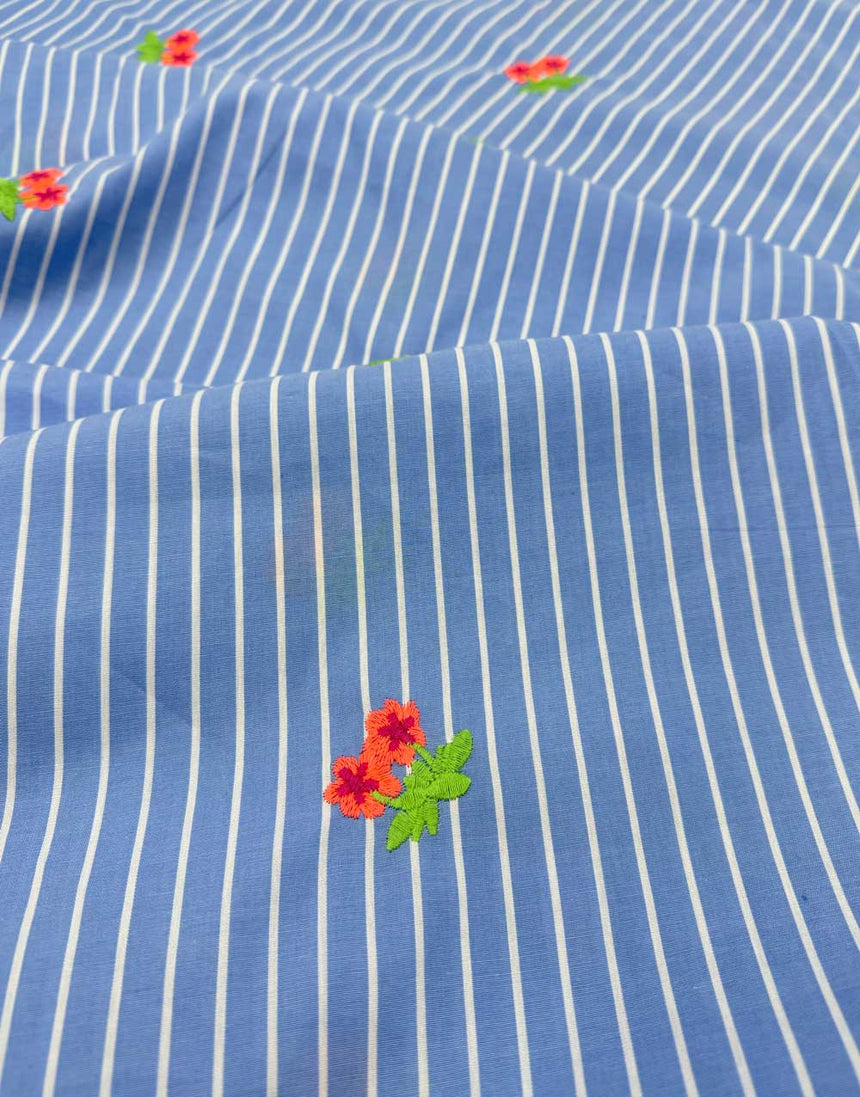 Neon Bloom on Blue Stripe Cotton Fabric