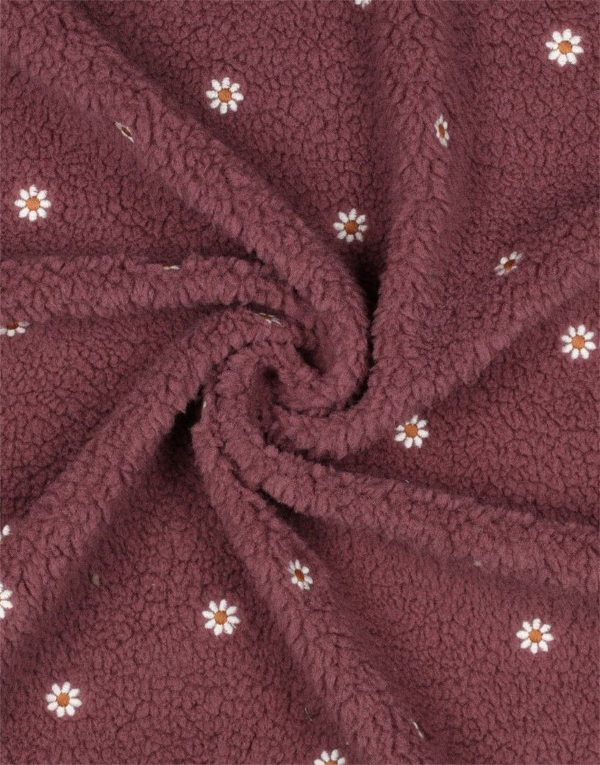 Rosewood Bloom Embroidered Teddy Fleece Fabric