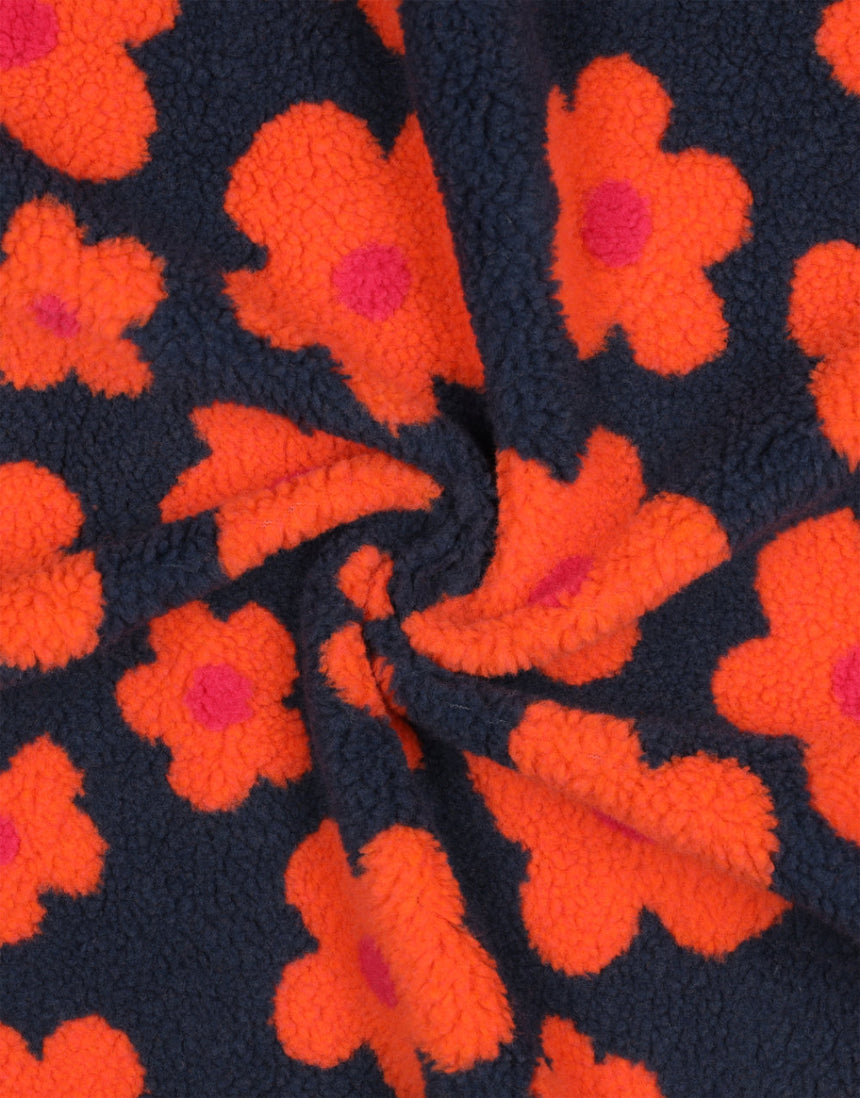 Navy & Coral Groovy Bloom Teddy Fleece Fabric